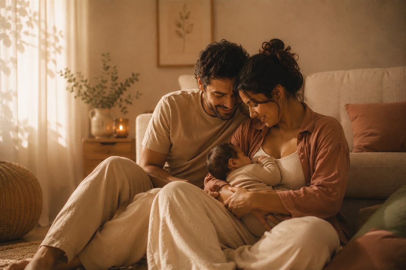 Casal sentado junto, com o bebê recém-nascido no colo