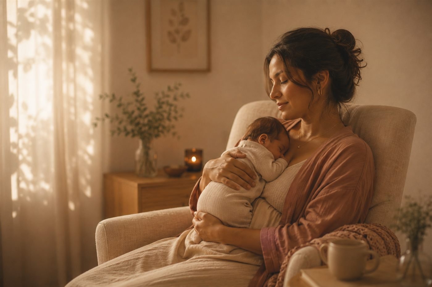 Mãe com o bebê recém-nascido no colo, em luz natural quente
