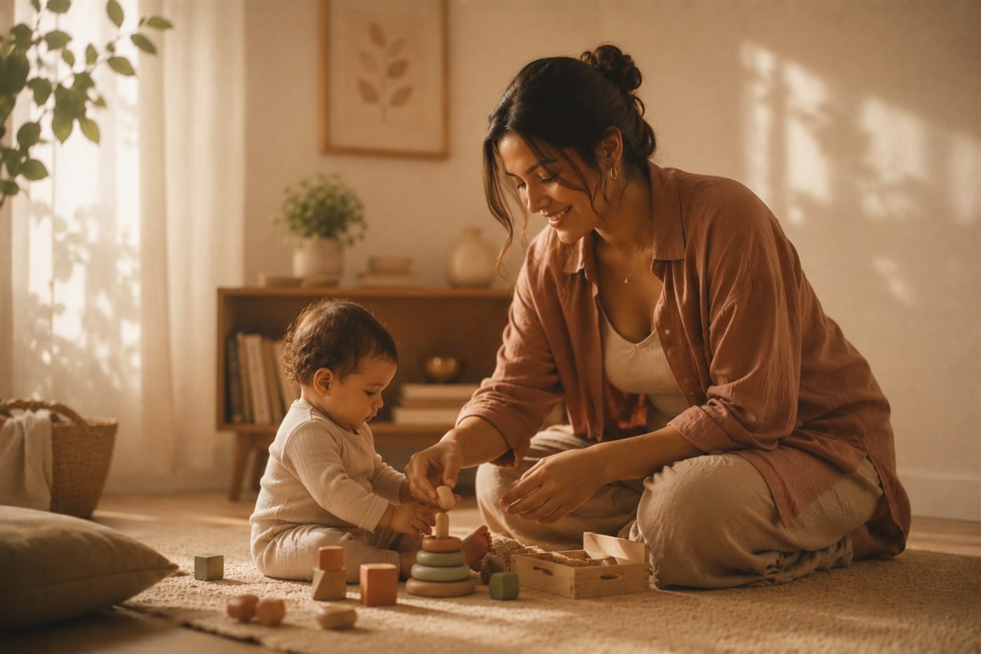 Mãe brincando no chão com o bebê, em luz natural quente