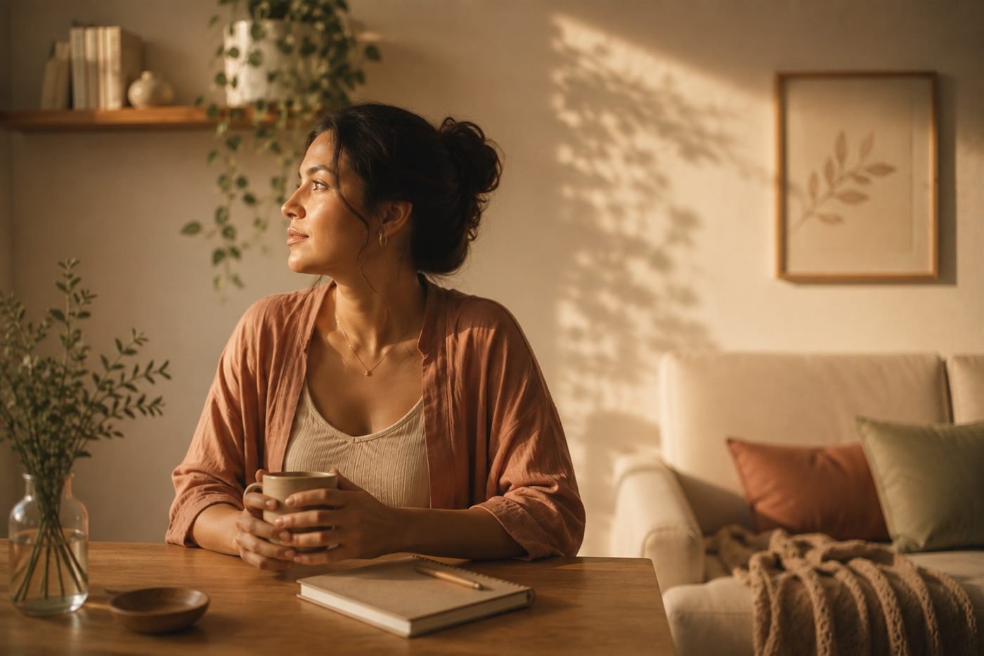 Mulher pensativa à mesa, com um café e um caderno, luz da janela